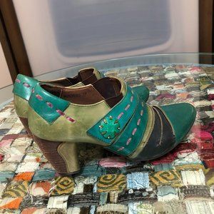 Spring Step Green and Pink Ankle Boots with Chunky Heel